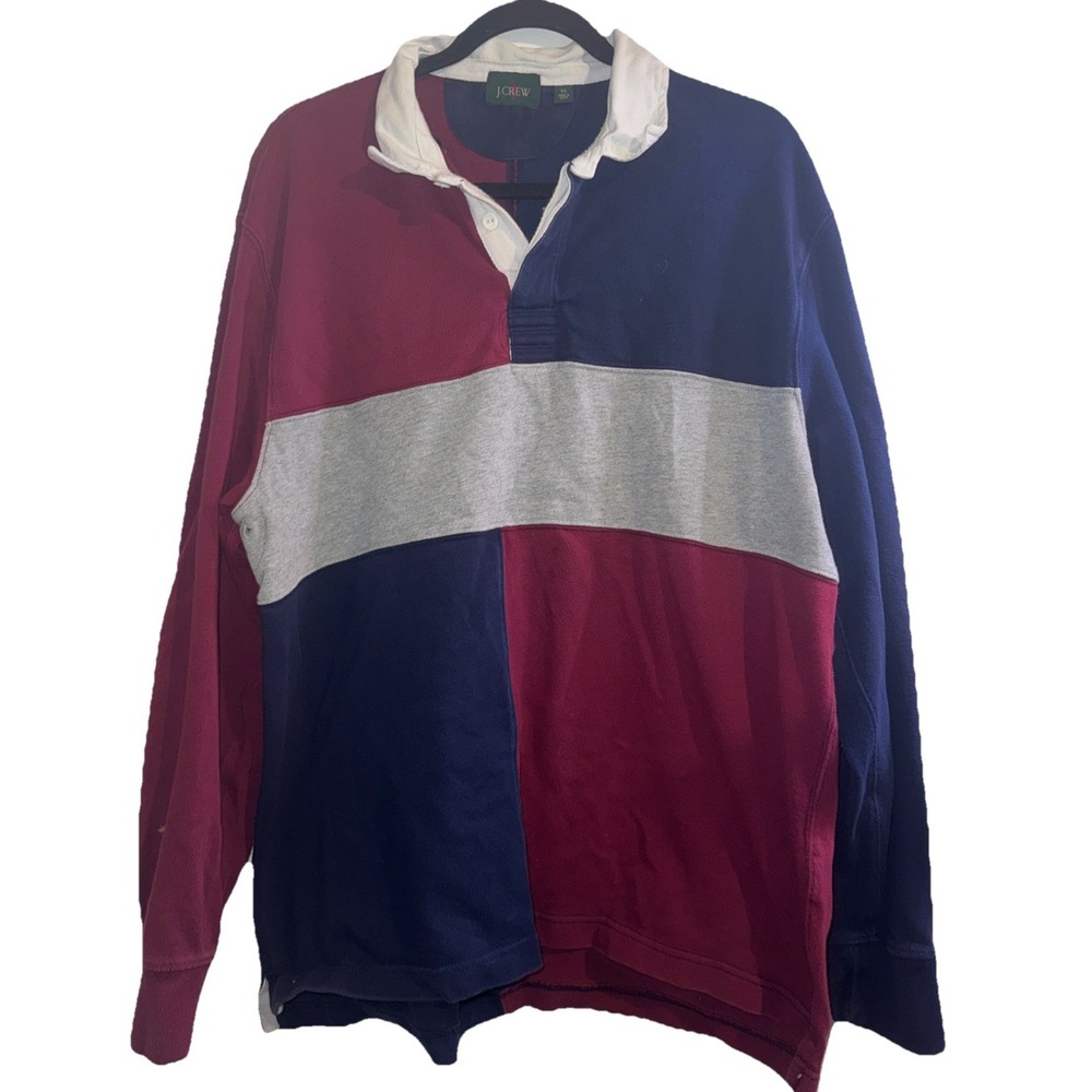JCrew Mens XL Colorblock Rugby Shirt Navy Burgundy Grey Elbow Patches LS